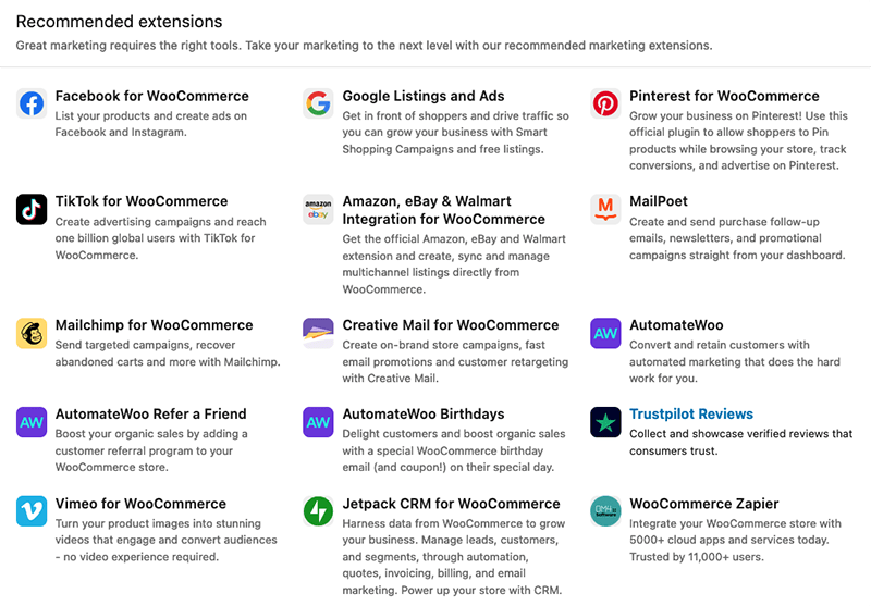 This is a screenshot of a list of recommended marketing extensions that can be used when creating an eCommerce store on WordPress with WooCommerce. Extensions include: Facebook for WooCommerce, TikTok for WooCommerce, Mailchimp for WooCommerce, Google Listings and Ads, and more.