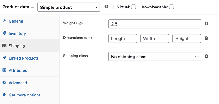 This is a WooCommerce screenshot of product data and shipping. It shows an example of form fields that are filled out with weight, dimensions, and shipping class.