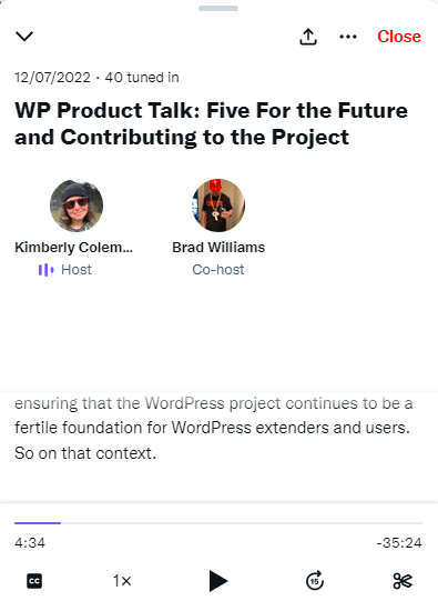 This is a screenshot of the WP Product Talk Twitter Spaces event featuring WDS CEO, Brad Williams.