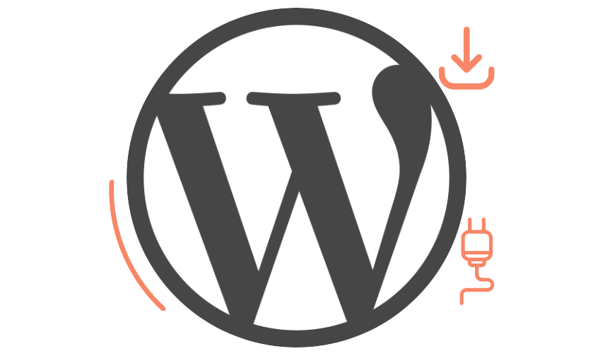 This is an image of the official WordPress W logo along with icons of a plug and download included.