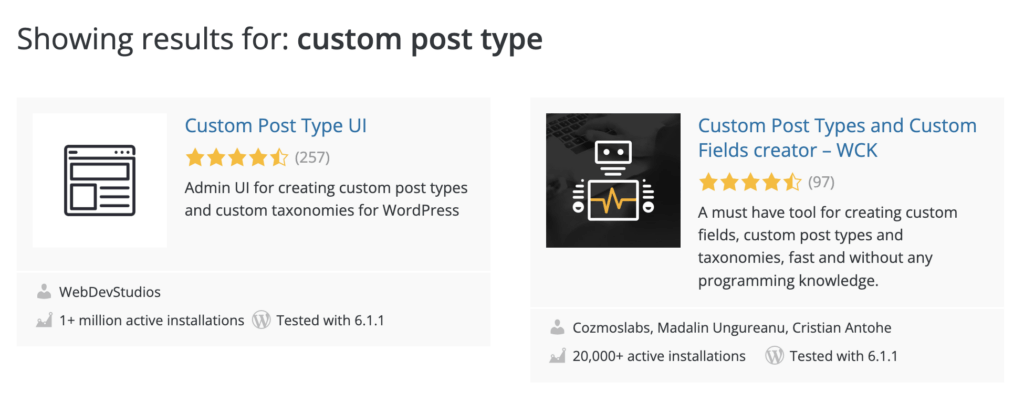 This is a screenshot taken from the WordPress dashboard which shows the search results for 'custom post type' and features the plugins Custom Post Type UI and Custom Post Types and Fields Creator in the results.