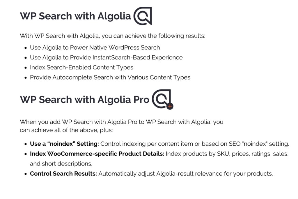 This is a comparison chart that shows what WP Search with Algolia can achieve and what WP Search with Algolia Pro can achieve when added to WP Search with Algolia.