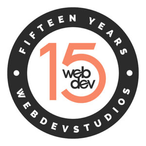 This is a 15-year anniversary commemorative logo for WebDevStudios. This logo looks like a poker chip with the number 15 in the center along with the WebDev logo.