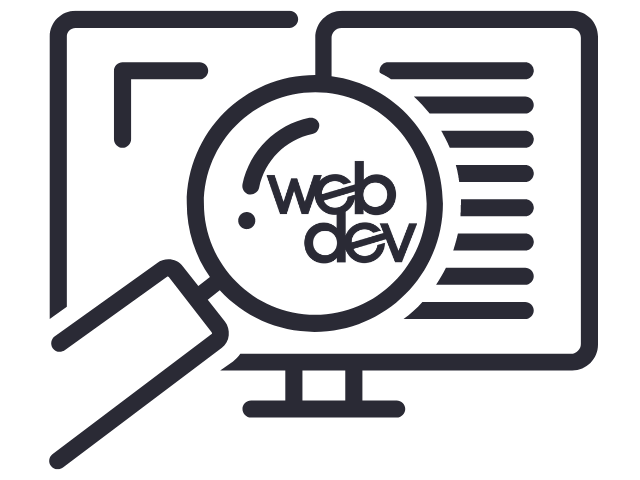 This is a vector image of a search icon and a computer screen icon with the WebDevStudios logo.