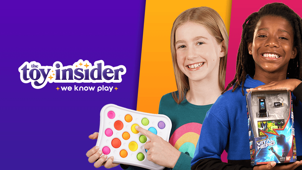 This is a photo of two children smiling while holding toys with the Toy Insider logo on the background. This is the assigned image for the main page of the Perfect Present Wizard, an eCommerce shopping assistant function built by WebDevStudios.