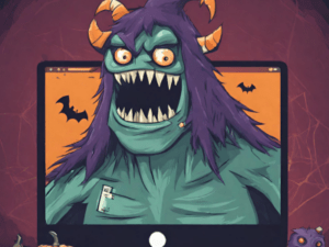 This is a concept art style image of a green monster with purple hair popping through the screen of a laptop.