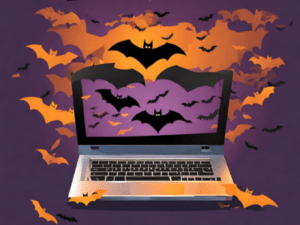 This is a concept style artwork of bats flying out of and around an open laptop.