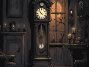 This is an image of a spooky grandfather clock in a haunted house setting.