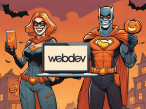 This is a concept style image of two super heroes standing in a Halloween setting holding an open laptop with the WebDevStudios logo on the screen.