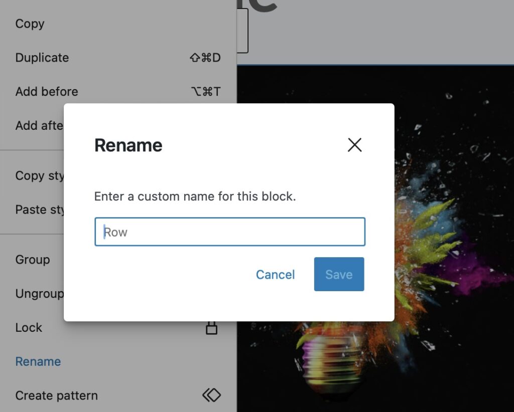 This is a screen grab of the Rename group block, a new feature that is available in WordPress 6.4.