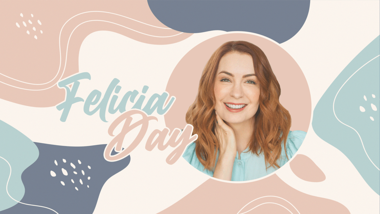 This is a photo and background graphic image of Felicia Day.
