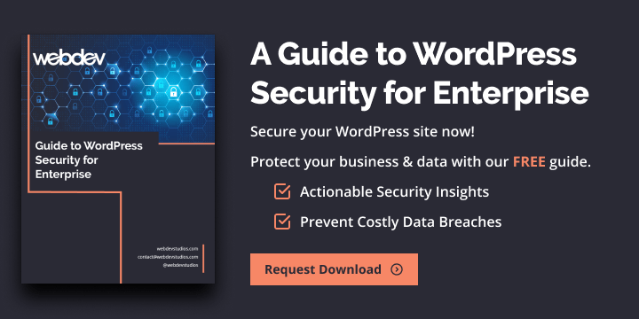 This is a banner ad for the free Guide to WordPress Security for Enterprise. It says, "Secure Your WordPress Site Now! Protect Your Business & Data with Our FREE Guide!" In this guide you will receive actionable security insights and learn how to prevent costly data breeches. Request your download now.