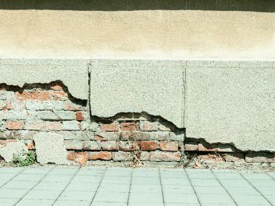This is a phot of a concrete and brick wall falling apart.