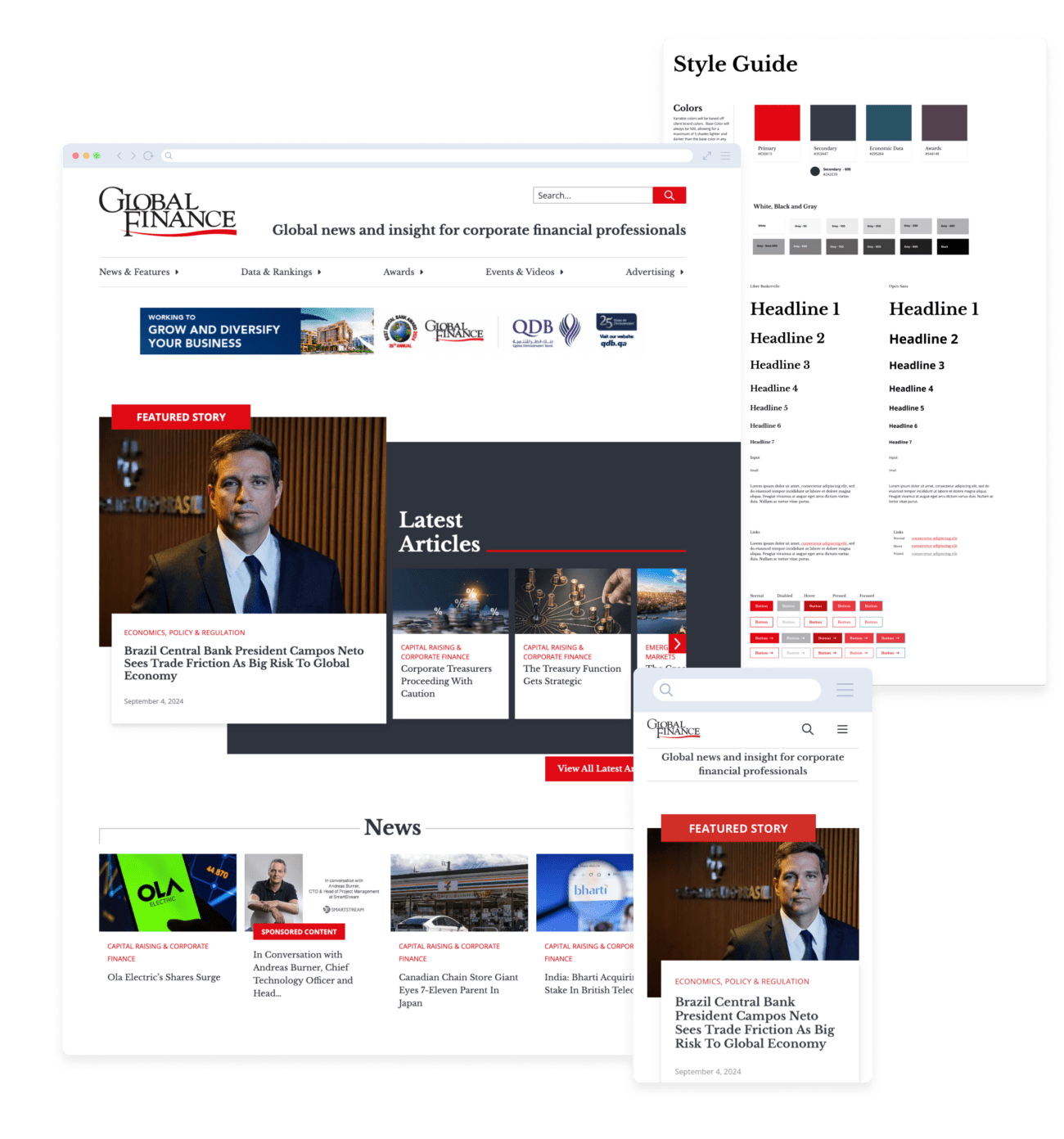 Global Finance homepage mockup and style guide