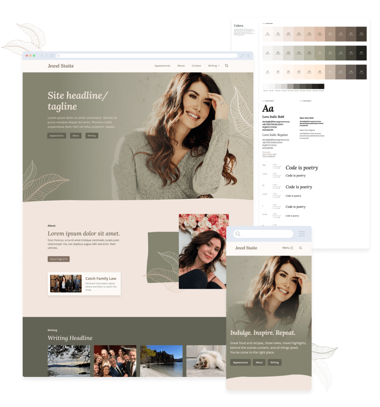 Jewel Staite's homepage layout for desktop and mobile and the style guide of colors and fonts