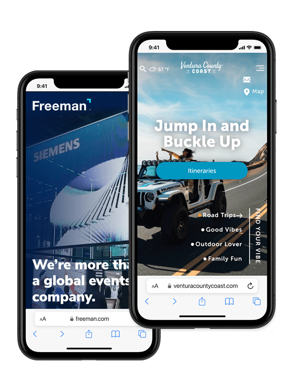 Two iPhone mockups layered with websites displayed in them
