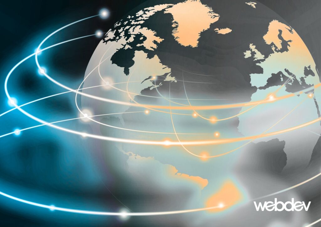 World in blue gray and orange with swirling white lines to show the results of a WordPress Multisite Network Search